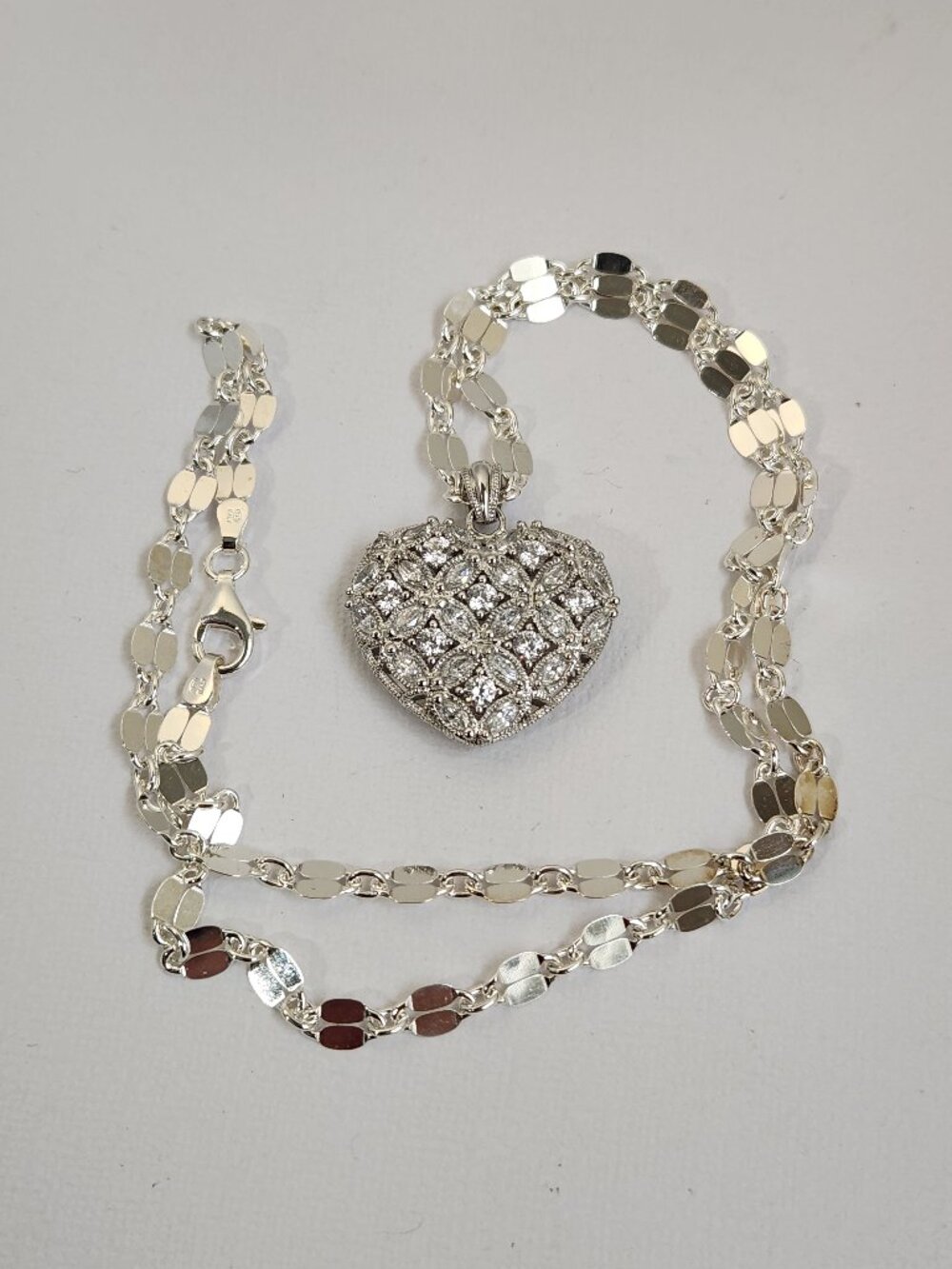 NIB VTG 925 CZ Heart Pendant & Mirror Necklace Italy 925 20”